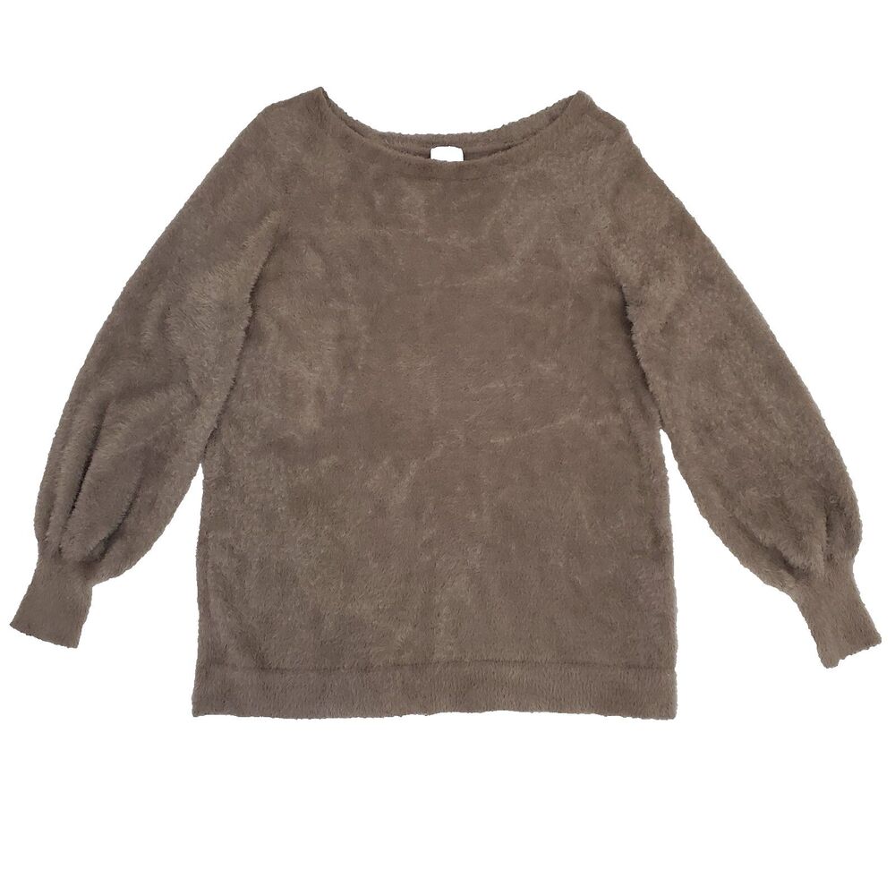 Chicos Fuzzy Puff Sleeve Sweater Brown S Minimalist Lounge Cozy